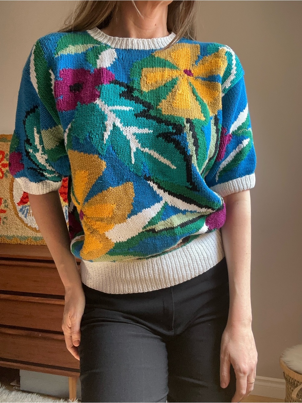Vintage Danier Floral Knit Short-Sleeve Sweater in Multicolor